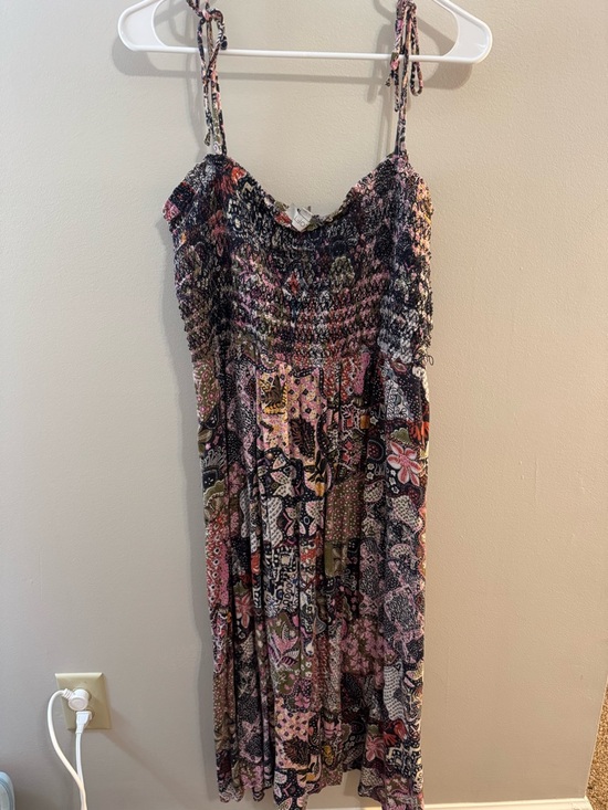 Loft size L Bohemian Multi-Color Smocked Maxi Dress with Tie Straps - Picture 2 of 5